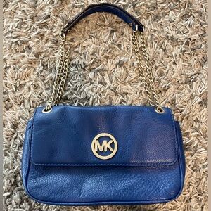 Michael Kors Blue Pebble Leather Gold Chain Fulton Shoulder Bag Purse